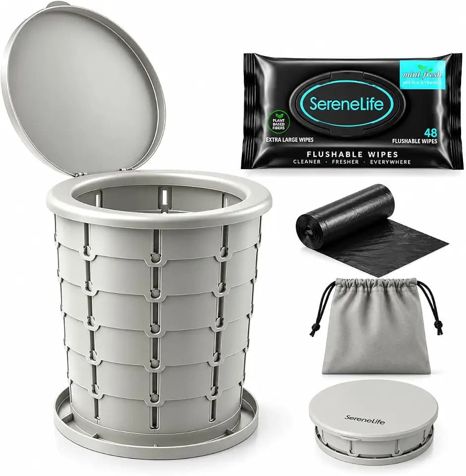 SereneLife Portable Camping Toilet, Adjustable Height Foldable Travel Potty with Lid, Carry Bag, 48 Flushable Wipes & Trash Bags, 330 Lbs Capacity, for Camping, Hiking, Boating & Emergencies