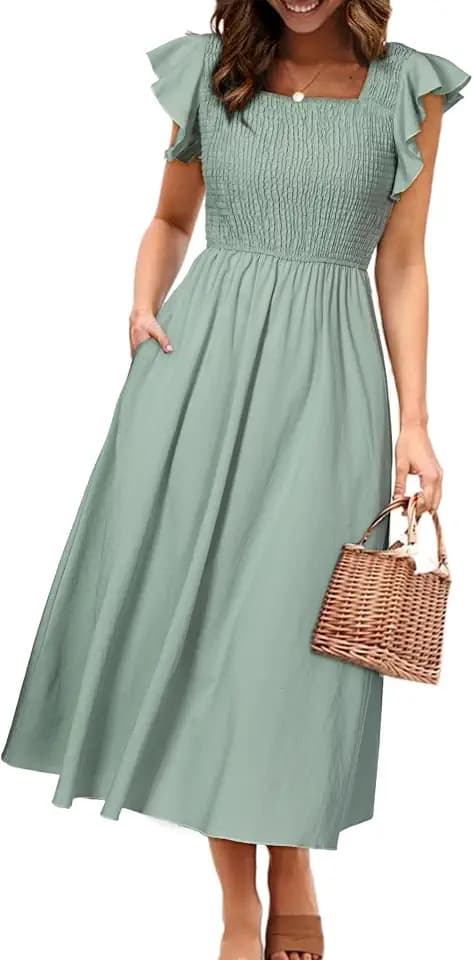 Miessial Womens Summer Smocked Midi Dress Casual Flutter Sleeve Long Boho Flowy A Line Church Modest Dresses with Pockets