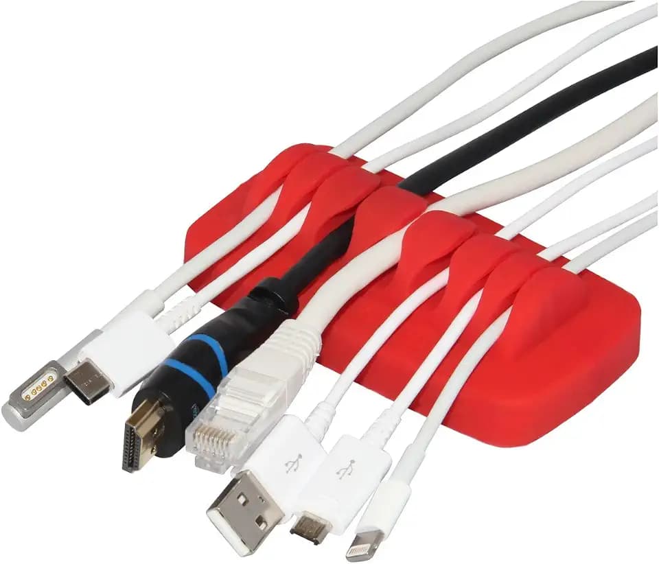 Heaviest Cable Organizer on the Market! Compact and Weighted Desktop Cord Holder for Desk and Nightstand, Eco-Friendly Silicone, No Bad Smell, Bundled with 4 Reusable Cable Ties! (Red)
