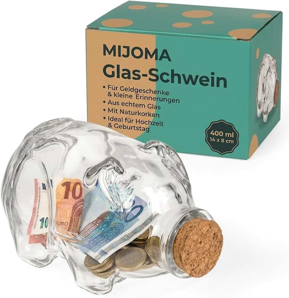 MIJOMA Glas-Schwein mit Naturkorken – 400 ml Aufbewahrungsglas als Spardose und Geldgeschenk für Hochzeit, Geburtstag, Einzug und besondere Erinnerungen