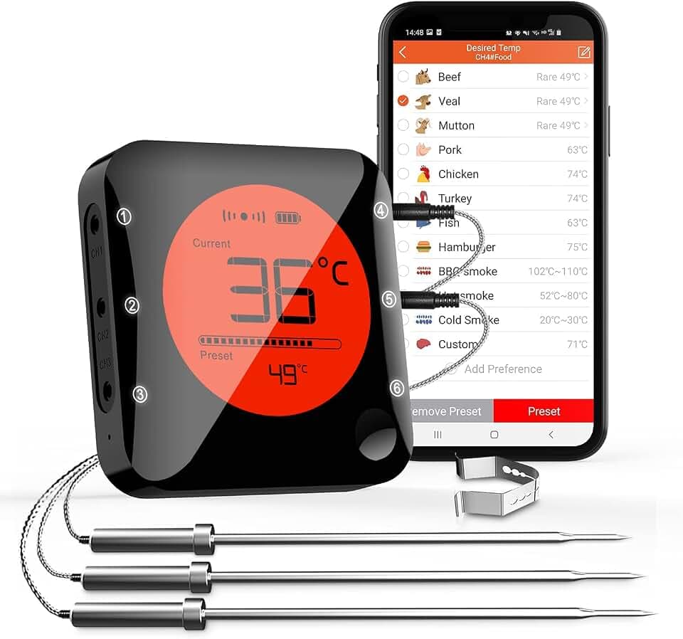 BFOUR Intelligentes Kochthermometer, Bluetooth-Fleischthermometer, mit 3 Sonden. Schnell ablesbares digitales Lebensmittelthermometer, geeignet für Raucher, Grillofen, Küchen