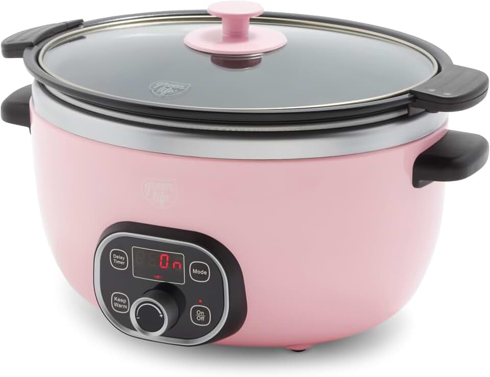 GreenLife 6QT Ceramic Nonstick Slow Cooker, Cooktop/Oven Safe, Pink
