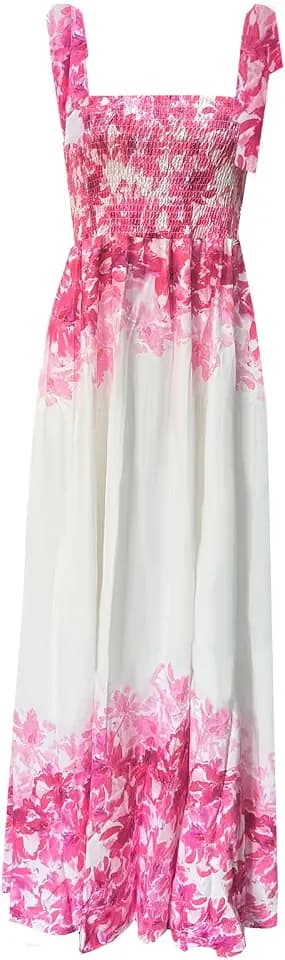 kinstell Women's Summer Boho Spaghetti Strap Square Neck Ruffle Casual Flowy Long Dress Beach Swing Party Maxi Dress