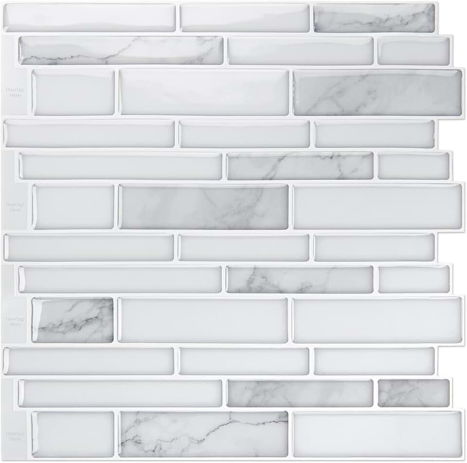Art3d Stone Peel and Stick Backsplash, 10-Sheet, 12" x 12", White Marble