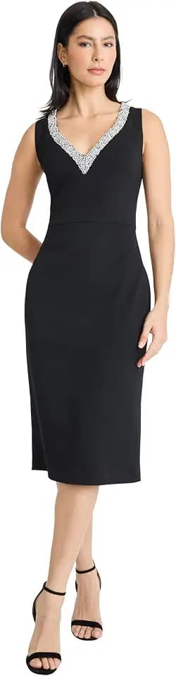 Maggy London Women's Women's Sleeveless V-Neck Midi Sheath Dress with Sequin Trim - Cocktail Party Dresses