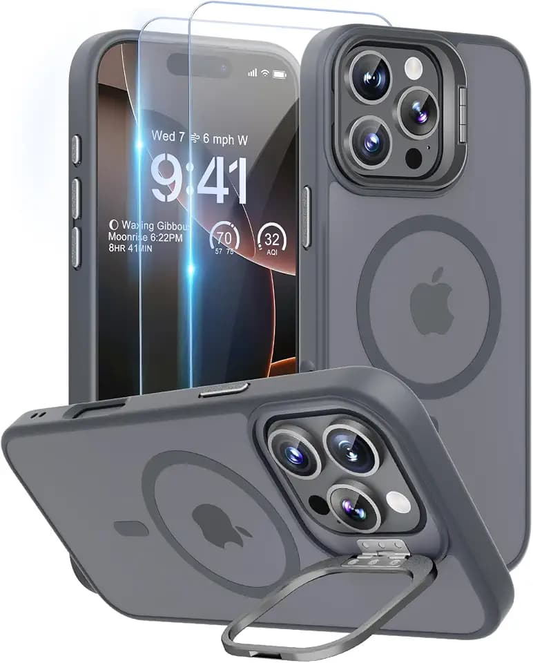 for iPhone 16 Pro Max Case with Stand, Fit for Magsafe (Certified Military & Magnetic Protection), Translucent Matte Phone Case [Kickstand] [Anti-Scratch] with 2 Screen Protectors 6.9", Gray