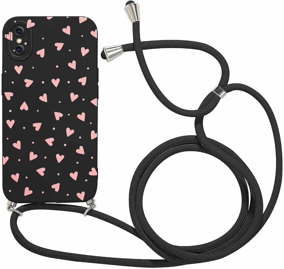 Foonary Handykette Handyhülle für Apple iPhone X/iPhone XS 5,8" Hülle mit Band, Aesthetic Herz Muster Kette Case, Silikon Schutzhülle Necklace Cover mit Schnur Kordel zum Umhängen für iPhone X/XS,01