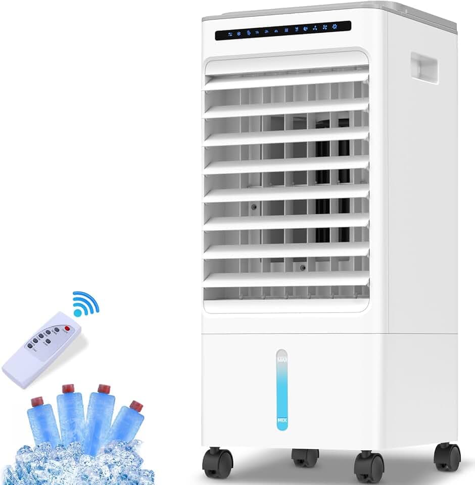 Mobile Klimaanlage 4 in 1 Luftkühler mit Wasserkühlung Ventilator Verdunstungskühler 7h Timer | 3 Modi | 90° Oszillierend | 5L Mobile Klimagerät Mit Fernbedienung 4 Kühlakku Negative Ionenfunktion