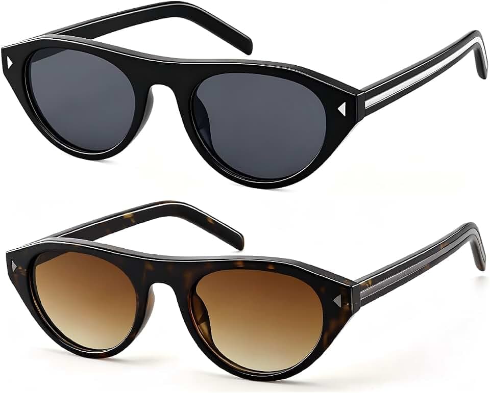Retro Cateye Sunglasses for Women Oval Small Frame UV Protection Trendy Narrow Shades (2 Pack Tortoise Frame/Brown Lens + Black Frame/Grey Lens)