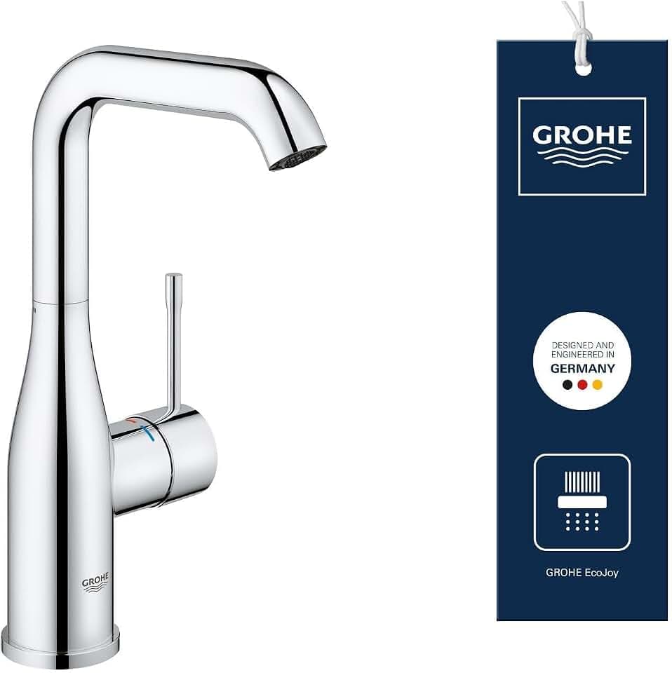 GROHE Essence, Waschtischarmatur hoch, wassersparend (Wasserhahn für das Bad, 24cm hoch, Badarmatur mit langlebiger Oberfläche, einfache Installation am Waschbecken), chrom, 23541001
