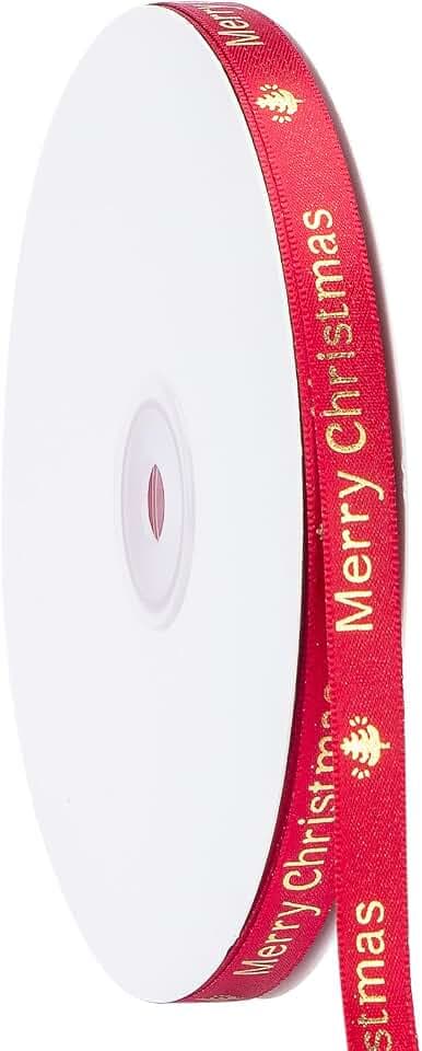 Christmas Ribbon,Red Satin Ribbon with Gold Pattern,Use for Christmas Craft,Gift Wrapping,Home Decor,3/8 Inches Total 50 Yards,Red/Green/Gold (Red, 3/8 inch*50 Yard)