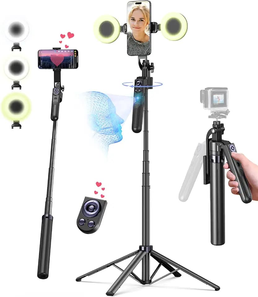 Yeaki 71” Auto Face Tracking Tripod for iPhone with Light,360° Rotating Phone Stand with Rechargeable Remote Control for TikTok Vlog Video Recording, Phone Tripod for Android Camera/GoPro/Ring Light