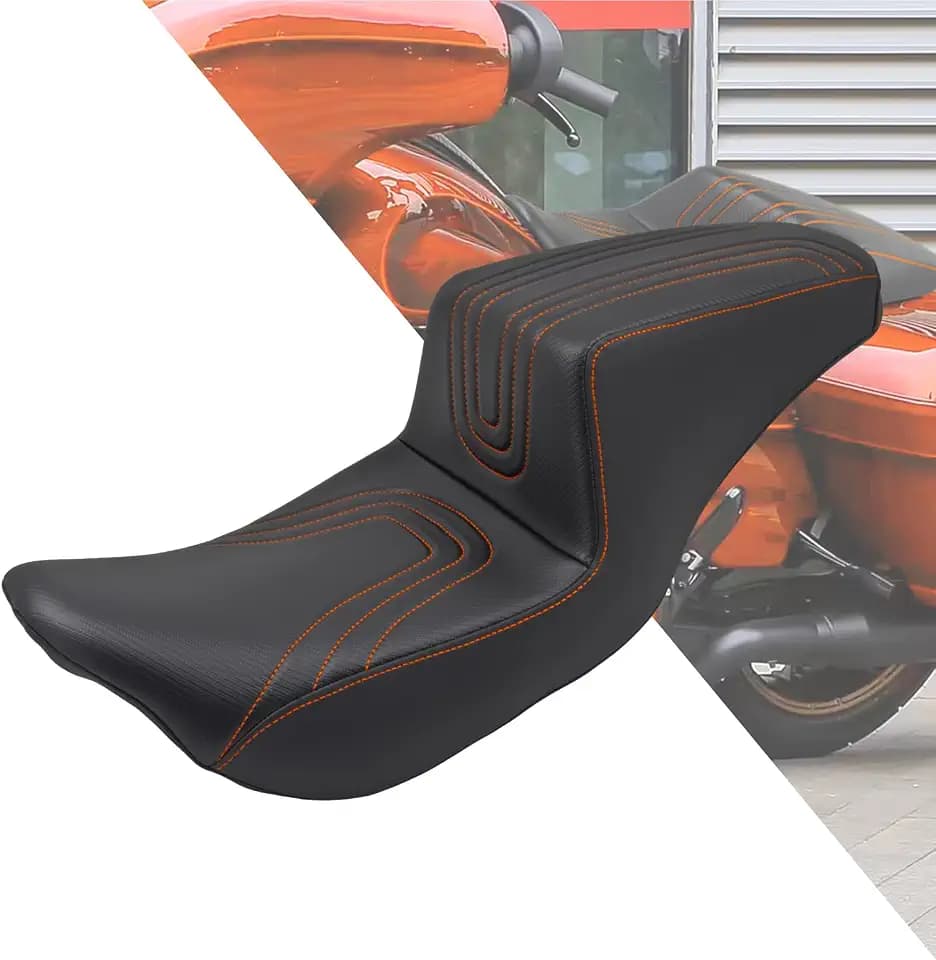 Motorcycle Seat Driver Passenger Touring Seat Fit for Harley Electra Glide Classic Street Glide Road Glide 2009-later (Orange Stitching, #2 Seat Only)