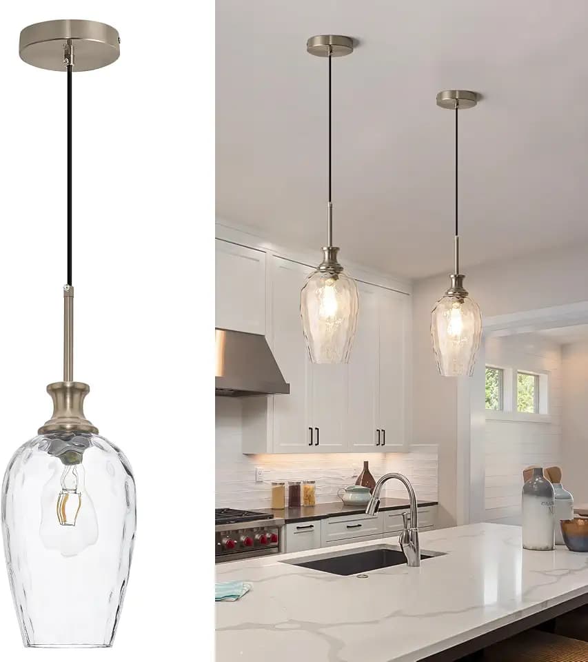 Modern Kitchen Pendant Lights,1-Light Nickel Pendant Light Fixtures with Hand-Blown Clear Glass Light Fixture for Kitchen Island Sink Dining Room Bedroom Hallway, E26 Bulb Not Includes