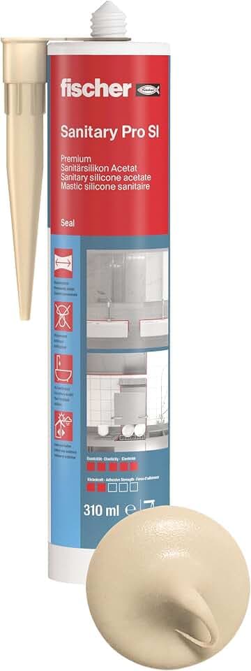 Fischer Sanitärsilikon DSSA BG, Silikon zum Abdichten & Verfugen im Sanitär- und Küchenbereich, Kartusche für zahlreiche Anwendungen und Baustoffe, 310 ml, beige, Bahama-beige