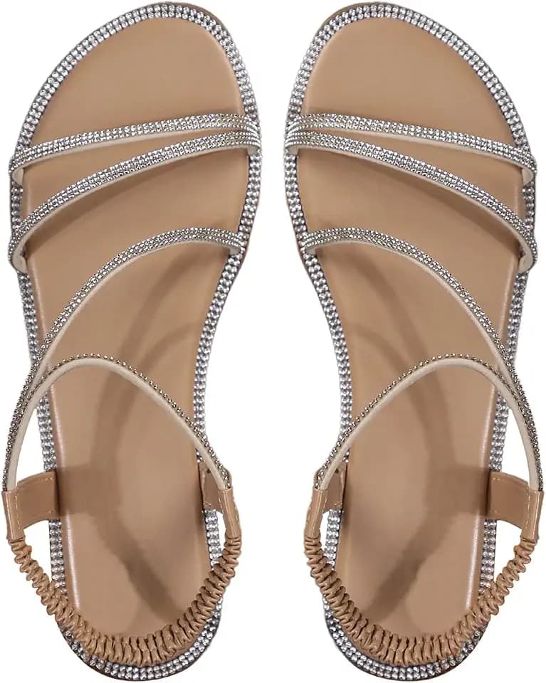 OYOANGLE Women's Rhinestone Sparkly Strappy Sandals Glitter Flat Sandals