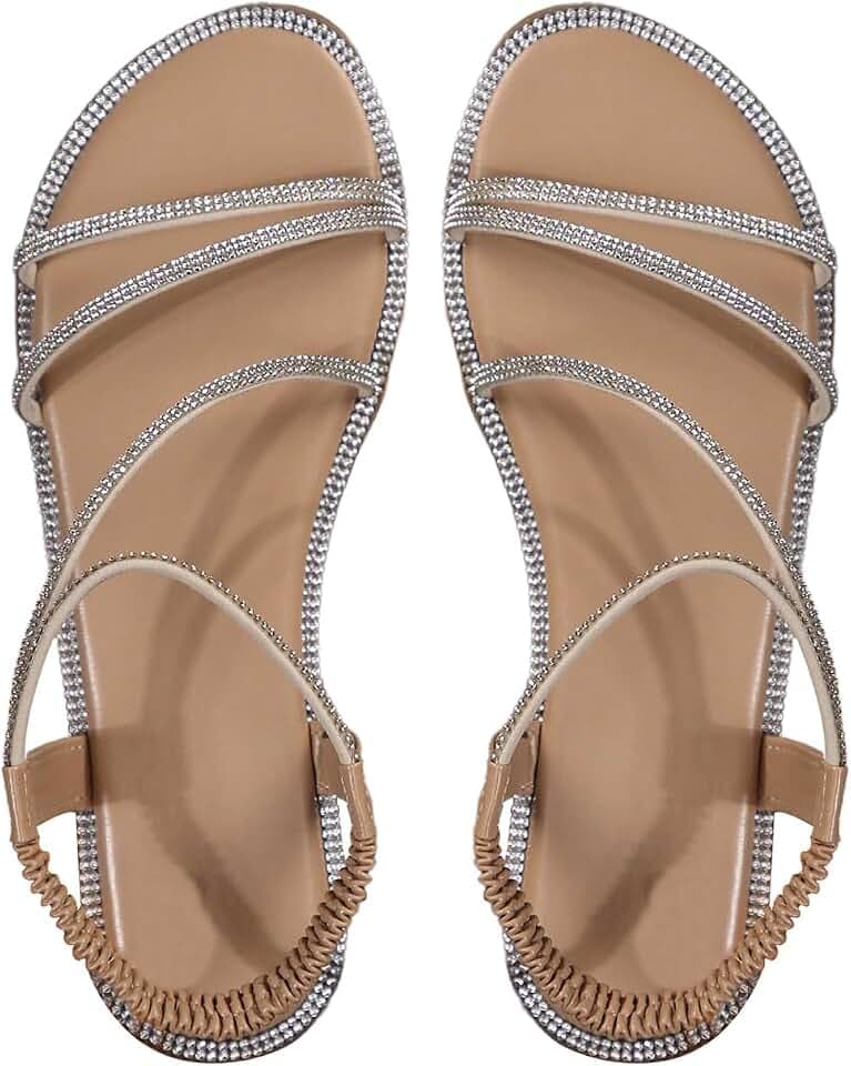 GORGLITTER Women's Rhinestone Dressy Flat Sandals Sparkly Strappy Shoses