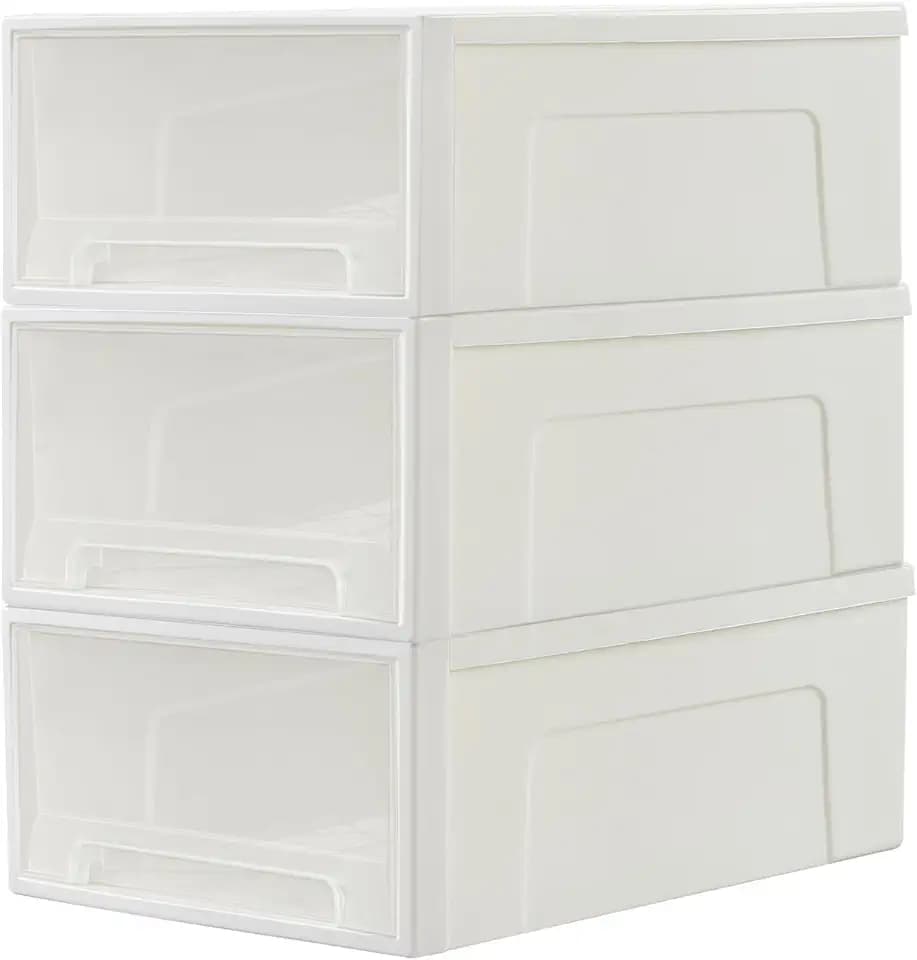 Cetomo 30L*3 Schubladenbox, Kunststoff Aufbewahrungsbox mit Schubladen, Stapelbar Schubladenschrank für Kleiderschrank, Schlafzimmer, Wohnheim, Büro, Leicht zu ziehen, Weiß & Transparent, 30L-3er Set