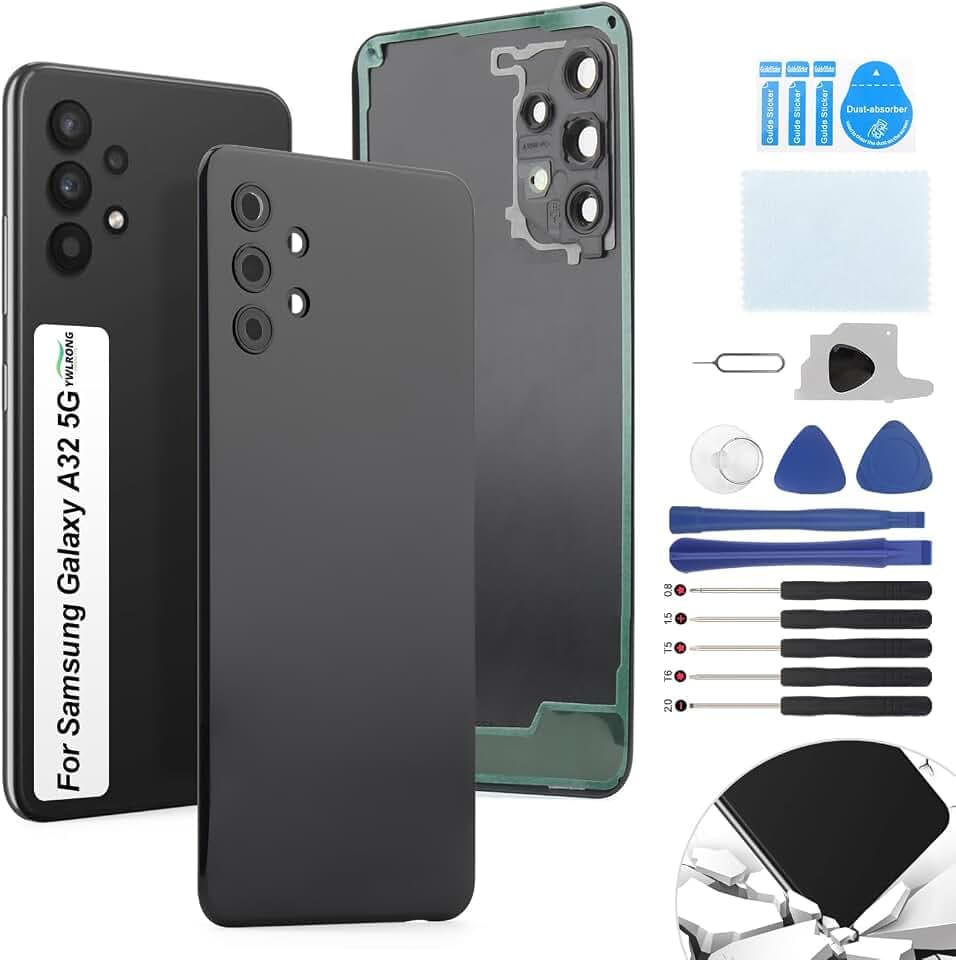 Cover for Samsung Galaxy A32 5G Back Cover Replacement for Samsung A32 5G A326U A326B Black Glass Replacement A32 5G Battery Cover Housing Door Accessories Parts(Black)