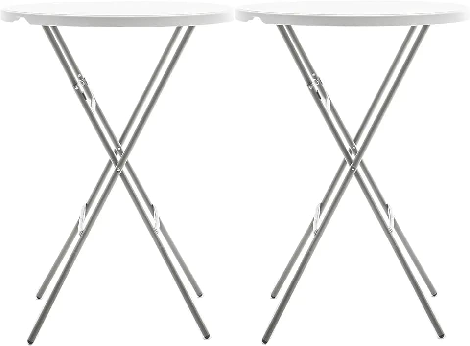 BTEXPERT Set of 2, White 2.63 Ft 32in Round Plastic Bar Height Folding Table 330lb Weight Capacity Indoor Outdoor Accessory for Patio Backyard Dining Wedding Party Events Home, Thick Top Metal Frame