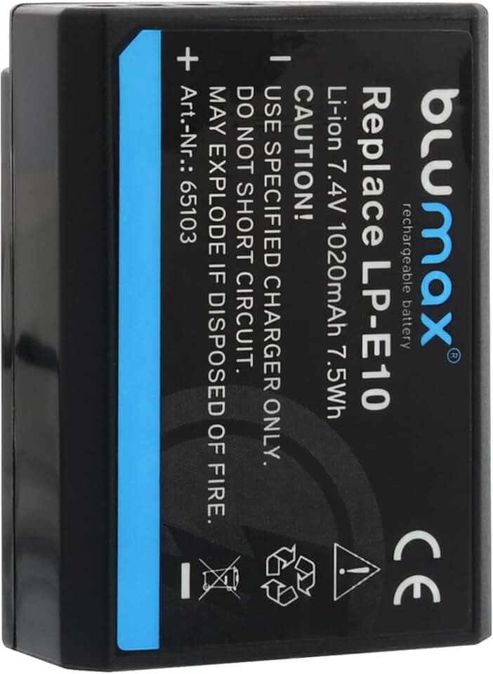 Blumax Akku kompatibel mit Canon LP-E10 |- 1020mAh -| für Canon EOS 1100D 1200D 1500D 2000D 3000D 4000D / Rebel T3 T5 T6 T7 T100 / Kiss X2 X50 X90