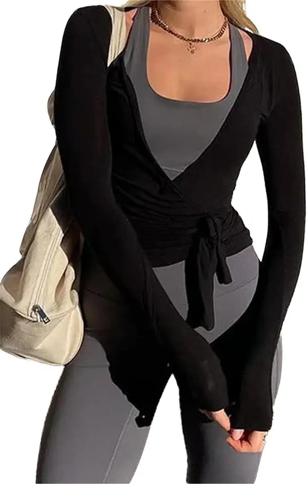 Felcia Frauen Y2k Ballett Wrap Top Langarm Tiefer V-Ausschnitt Slim Fit Yoga Pilates Ballet Workout Tops Frühling Kleidung