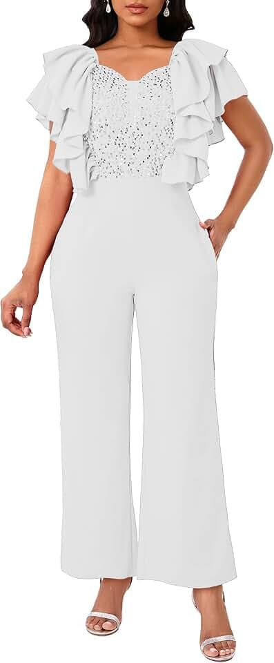 Damen Jumpsuit Pailletten Patchwork Overlay Rüschen Ärmellos Volle Länge V-Ausschnitt Strampler mit Taschen