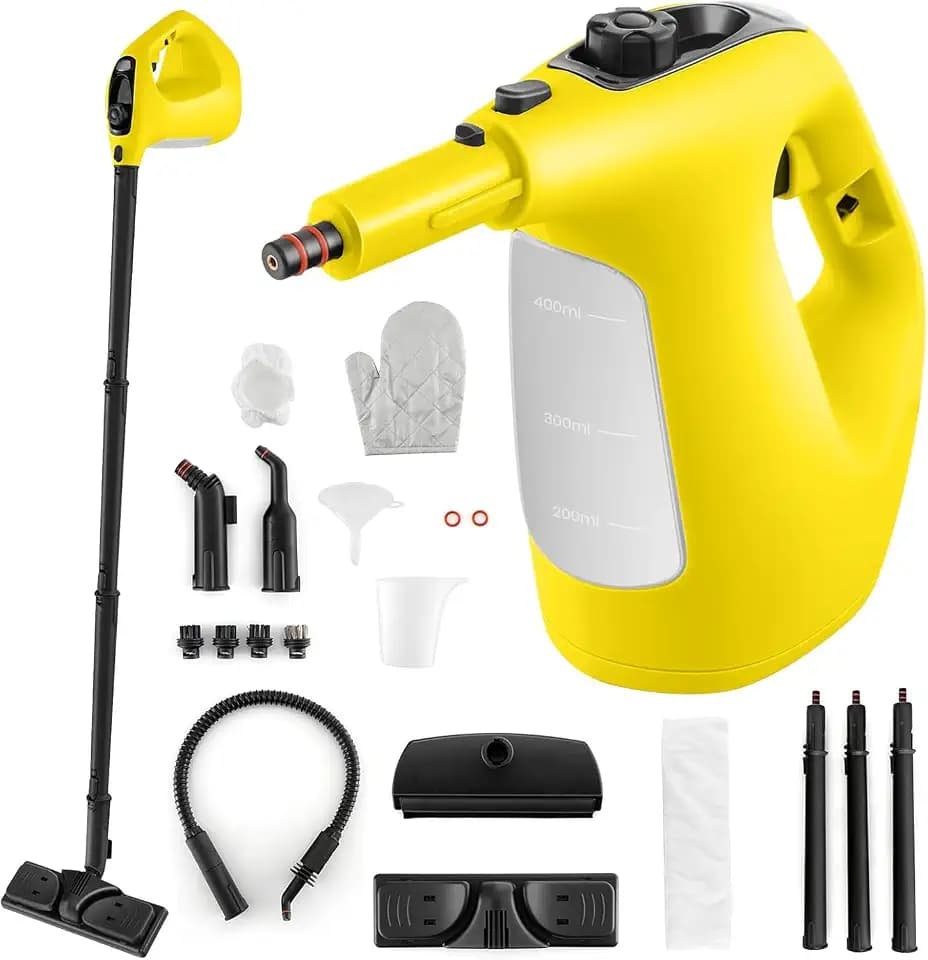 FANTASK 1500W Dampfreiniger bis zu 125℃ in Gelb, mit 400ML Tank, Aufheizzeit: 1 min, Dampfreiniger Handgerät mit 14 Zubehörteilen & 5m Netzkabel