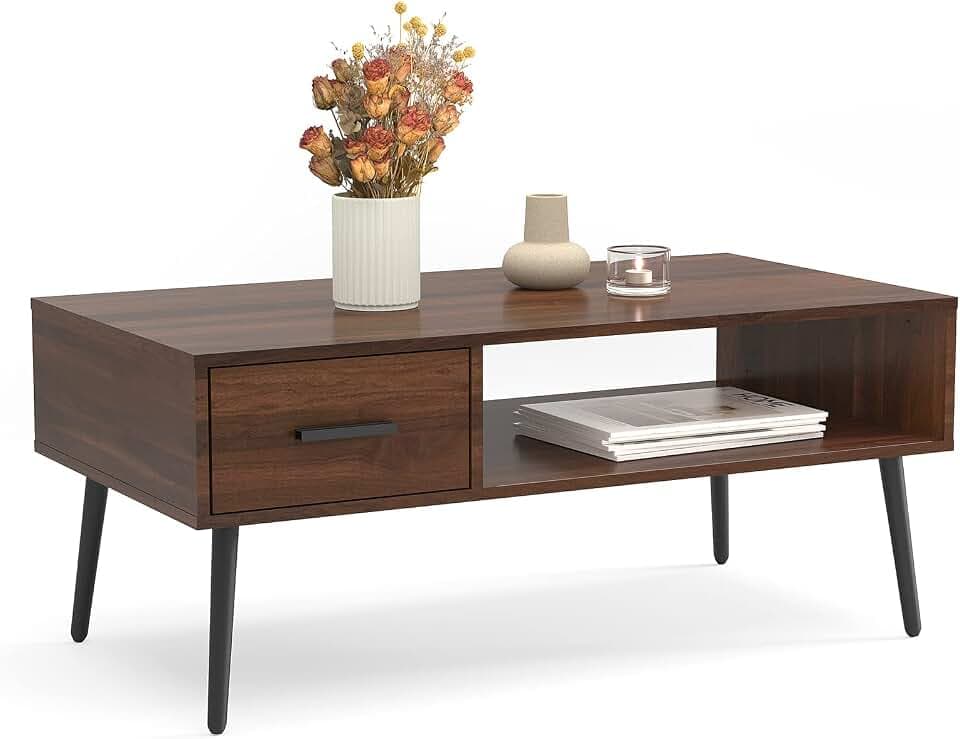 HAIOOU Mid Century Modern Coffee Table with Storage for Living Room -Walnut