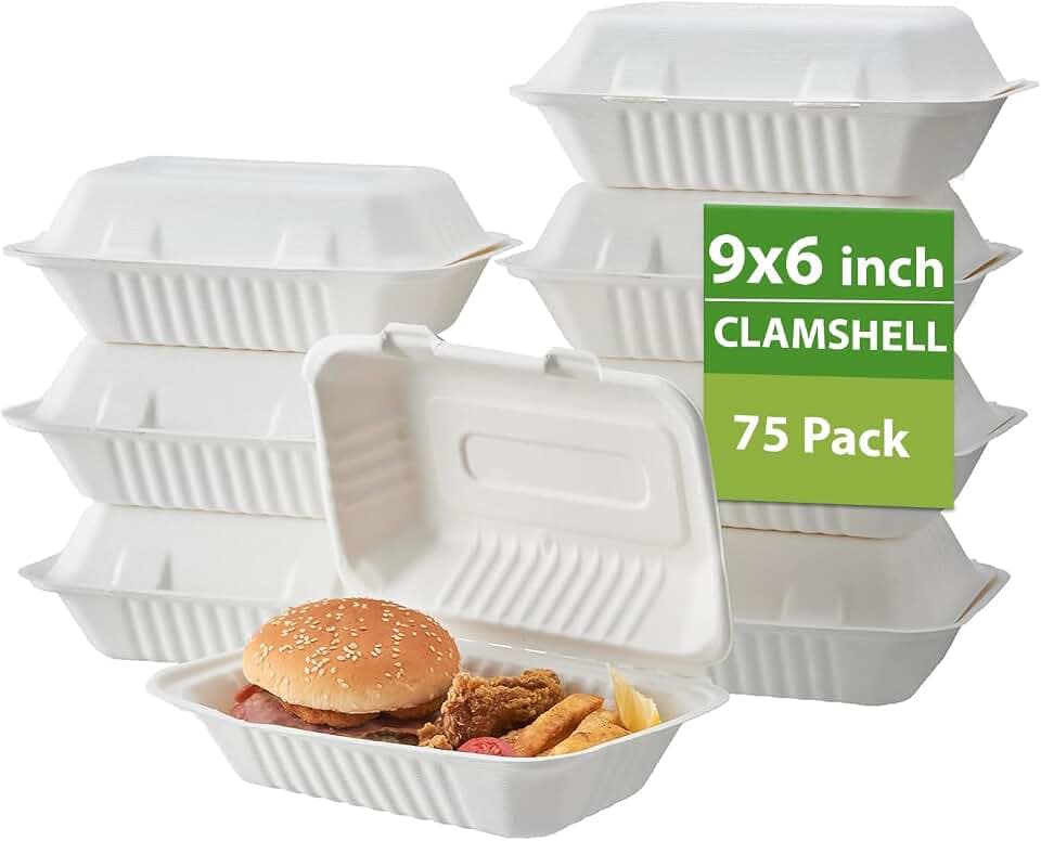 Jaluxing [9X6 1-Compartment 75-Pack Bio Natural Clamshell Take Out Food Containers with Lids, Disposable Bagasse Togo Plates, Eco-Friendly Biodegradable Made of Sugar Cane Fibers