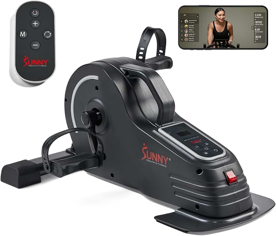 Sunny Health & Fitness Smart Motorized 2-in-1 Pedal Exerciser, Indoor Compact Under-Desk Mini Bike for Low-Impact Cardio Workout and Physical Therapy, Free SunnyFit Training App Connection