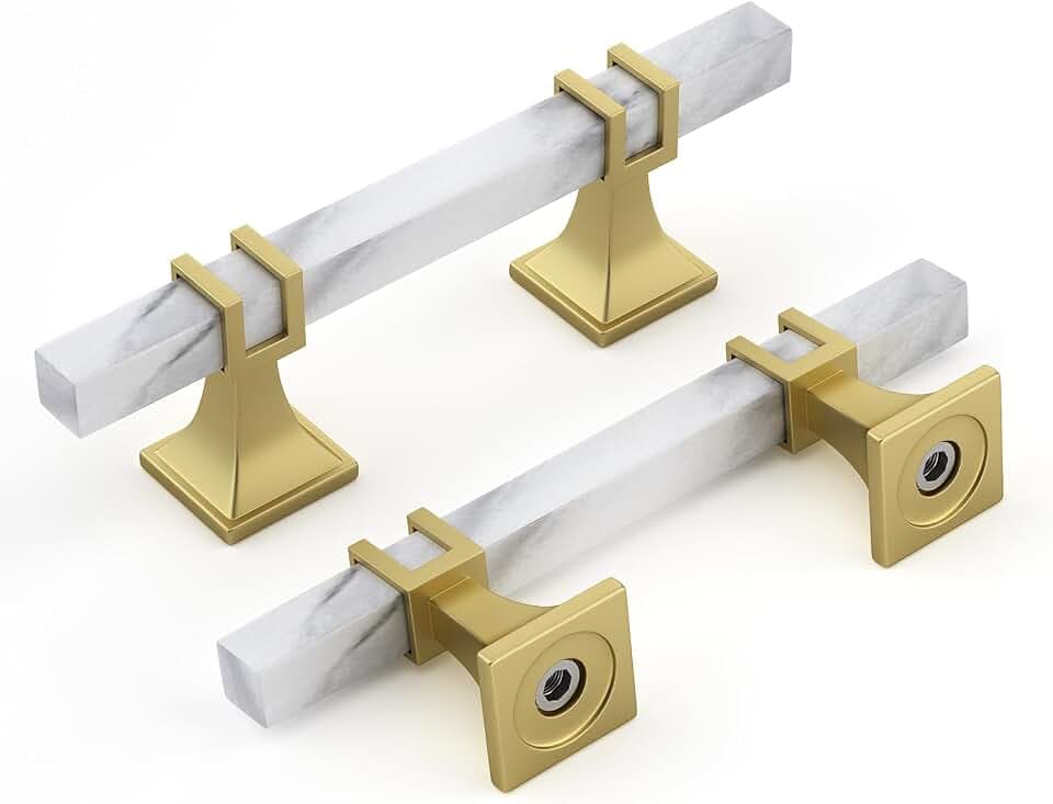 Rergy 10 Pack Cabinet Handles, White Marble & Matte Gold Pulls, 3"