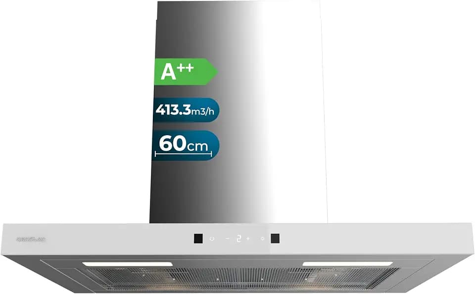 Cecotec T-förmige Dunstabzugshaube 60cm Bolero Flux TT 604400 Inox A++. 413,3 m³/h, Bewegungssteuerung, Booster mit hoher Effizienz und innovativer Technologie für moderne Küchen