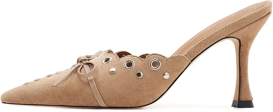 Kitten Heel Mules for Women Bow Tie Suede Stiletto Heels Mule Pointed Toe Studs Slide Heeled Sandal Pumps for Wedding Dress Party