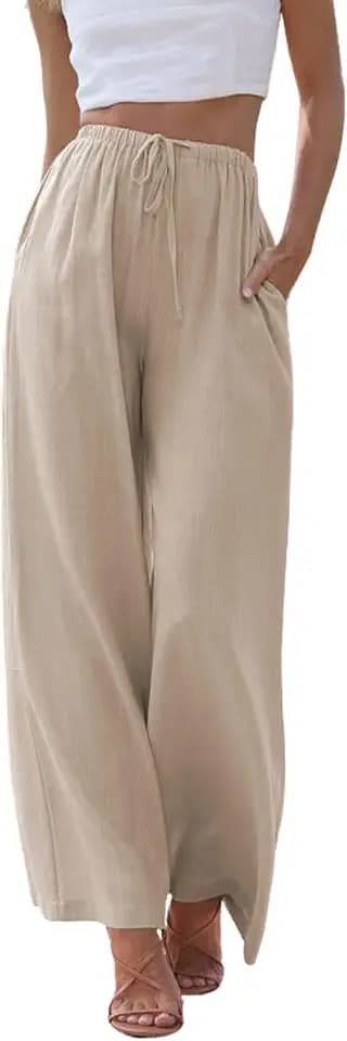 Imuedaen Damen Hosen Sommer Leinen Leicht Casual Locker Leinenhose Freizeithose Palazzo Hose Weite Leg Hose Sommerhose Hohe Taille mit Tunnelzug und Taschen (Khaki, M)