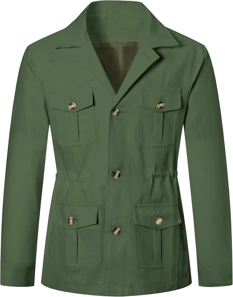Betusline Men's Safari Linen Long Sleeve Military Cargo Jacket