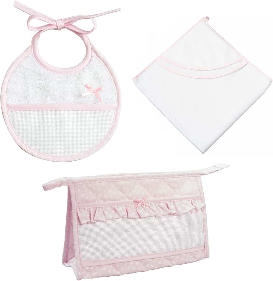 Filet - Badezimmer-Set, 3 Stück zum Sticken, Bademantel, Dreieck, Umschlag mit Reißverschluss, Lätzchen, originelle Geschenkidee für Babys, Made in Italy