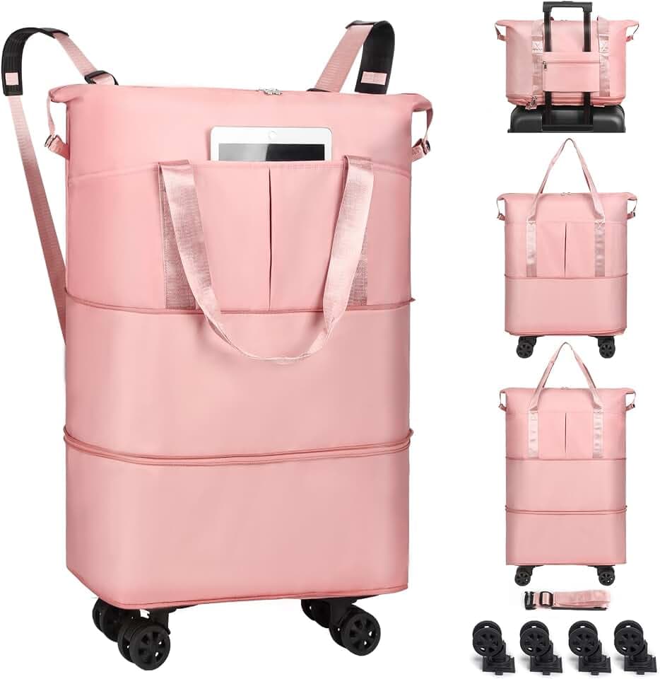 Duffel Bag with Wheels - Rolling Foldable Expandable Duffle bags for Travel, Rolling Under Seat Luggage Carry On Travel Bag, Large Wheeled Overnight Weekender Bag (Pink)