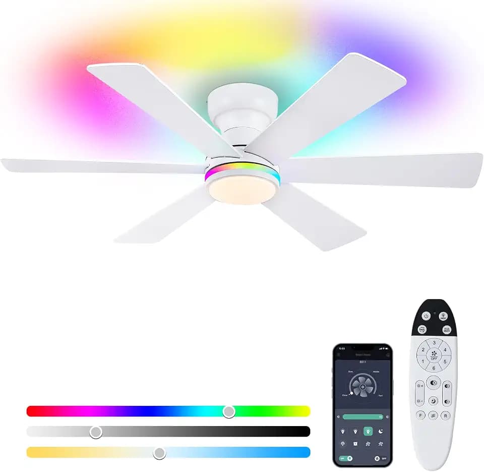 46" 6-Blade White Low Profile RGB Ceiling Fan with Light and Remote/APP