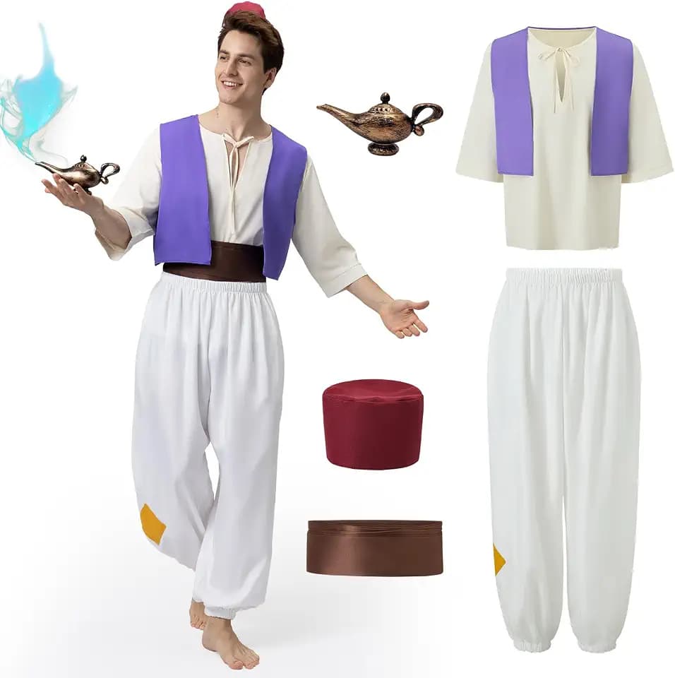 Joellfuner Aladdin Kostüm Mann, Aladdin Kostüm Herren, Prinz Ali Aladdin Kostüm mit Arabischer Prinz Weste, Aladdin Lampe, Hemden, Hüte, Aladinhose für Mottoparty Karneval Fasching