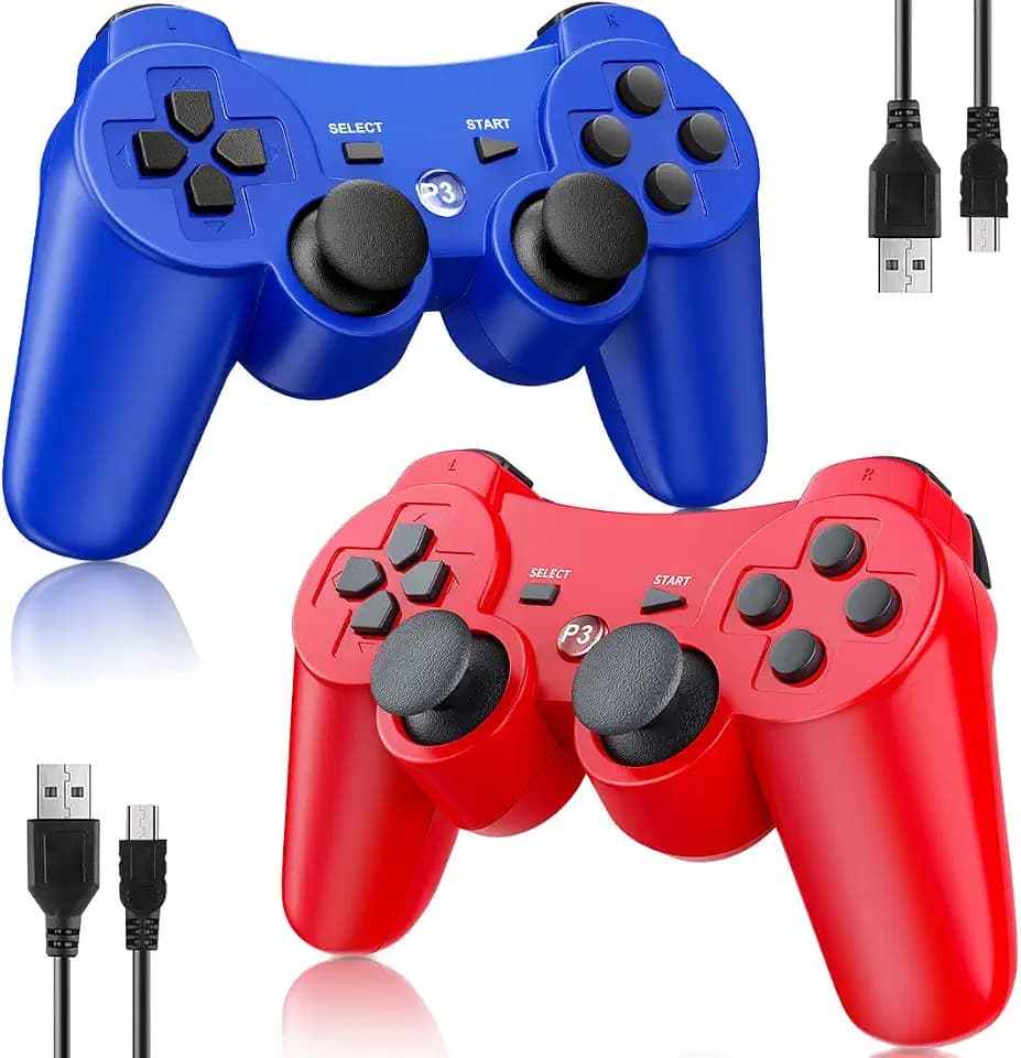 OKHAHA 2 Pack Wireless Controller Compatible with PlayStation 3 (PS3), Bluetooth, Rechargeable with Motion Sensor (No Stripes, Blue + Red)