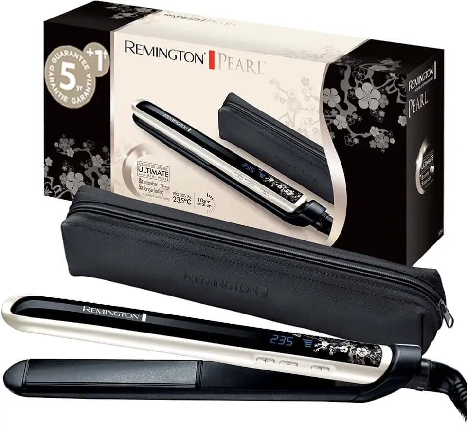 Remington Glätteisen [Testsieger] Pearl (hochwertige Keramikbeschichtung mit echten Perlen für eine gleichmäßige Wärmeverteilung) LCD-Display, 150-235°C, inkl. Aufbewahrungstasche, Haarglätter S9501