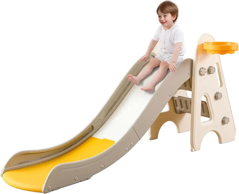 Toddler Slide Indoor Outdoor for Kids, 3 in 1 Foldable Kids Slide Easy Set Up Playset with Basketball Hoop & Ball, Freestanding Baby with Extra Long Slipping Slope for Kid -Upgraded