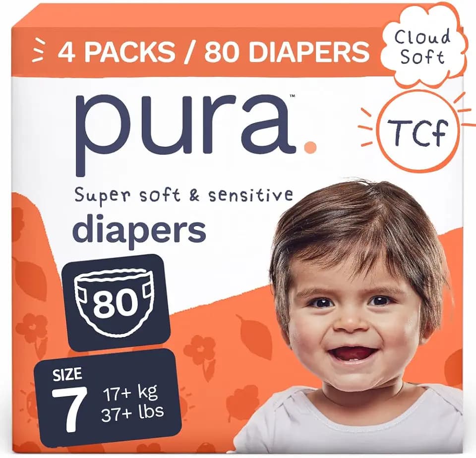 Pura Baby Diapers Size 7 (37+ lbs) 80 Count Sensitive Skin