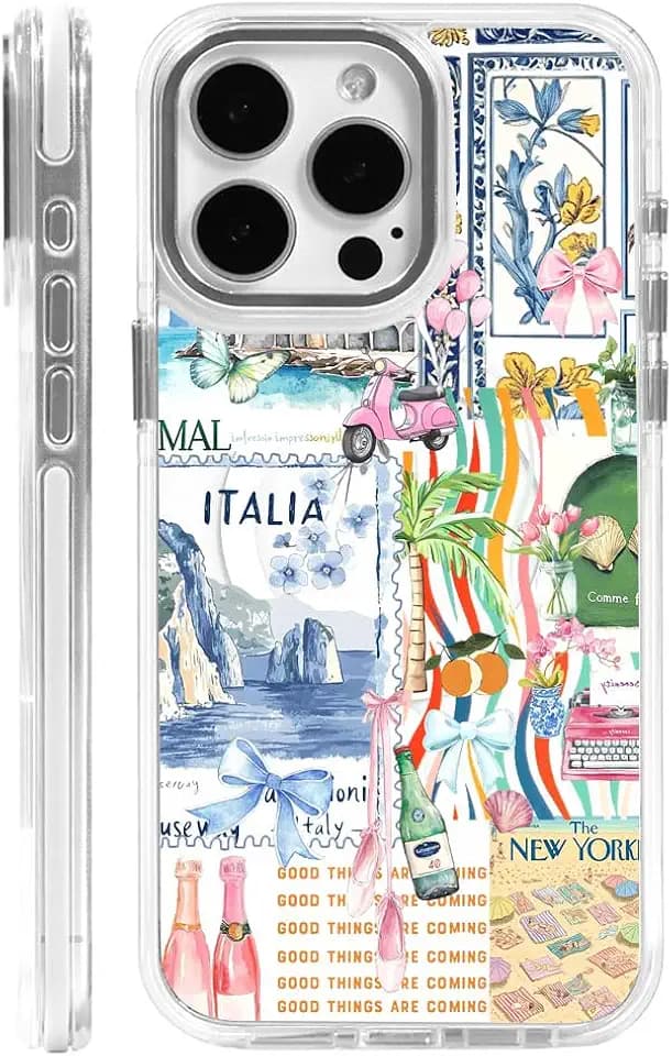 DAIZAG Case for iPhone 15 Pro, [Compatible with MagSafe],Bow Beach Landscape Collage Coastal Phone Case for Women Girls Magnetic Clear Cover Case for iPhone 15 Pro
