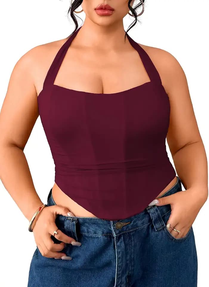 ChiaoLezhee Women's Plus Size Sexy Halter Boned Corset, Square Neck Mesh Lace Up Crop Top, Club Going Out Outfits (14W-22W)