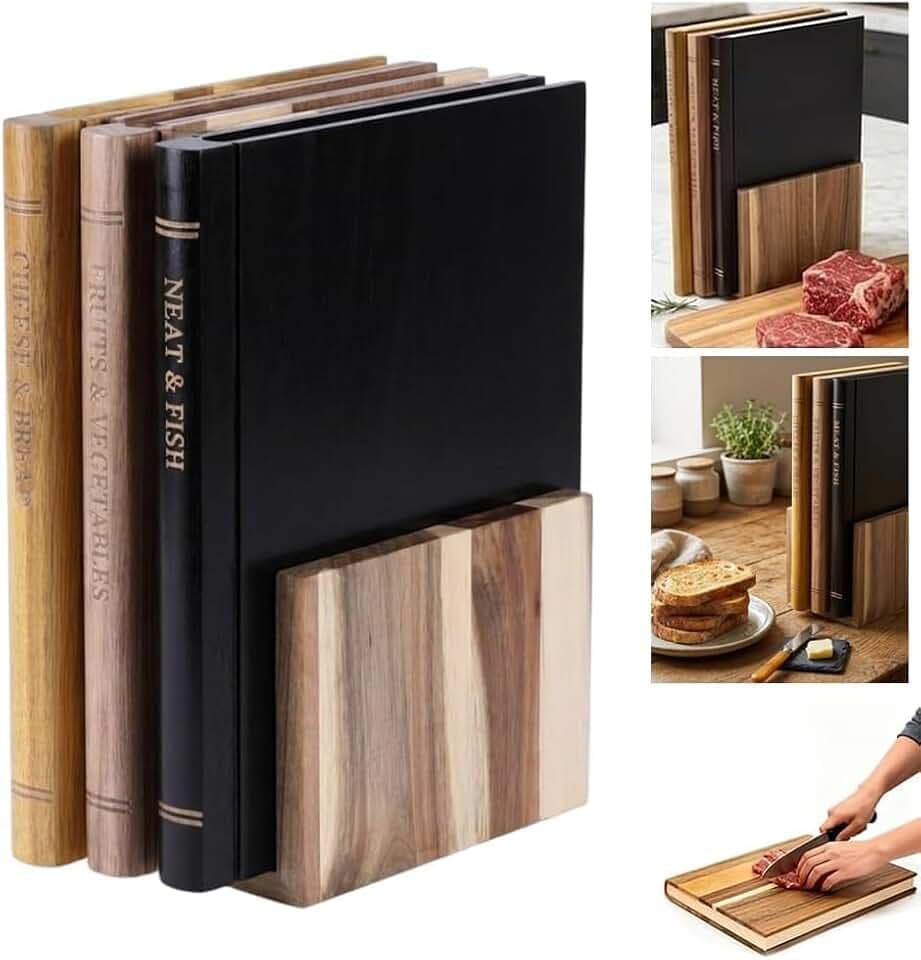 Holz-Schneidebrett-Set mit Aufbewahrungshalterung – Dekorative Schneidebretter im Buchdesign für Fleisch, Gemüse und Brot – Küchenutensilien & langlebiges Küchengeschirr