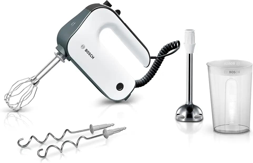 Bosch Handrührgerät, 2 Rührbesen, 2 Edelstahl-Knethaken, spülmaschinenfest, Spiralkabel, Pürierstab, Mixbecher, 5 Stufen, Turbostufe, leicht, stark, 850 W, weiß, MFQ49700
