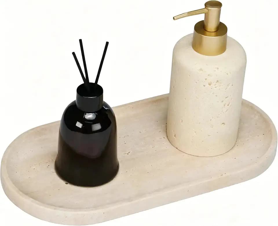 Travertine Bathroom Vanity Tray, 12"x6" Decorative Marble Tray for Kitchen Countertop, Elegant Stone Catchall Organizer for Perfume, Jewelry and Soap
