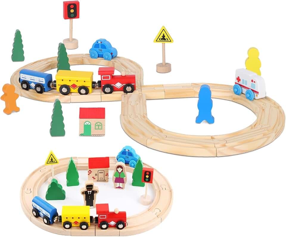 Holzeisenbahn-Spielzeuge für Kleinkinder, 33-teilige Magneteisenbahn mit Holzschienen, Passt für Thomas, Brio, Holzschienen-Set, Eisenbahnspielzeug, Geschenke für 3 4 5 6 jährige Mädchen & Jungen